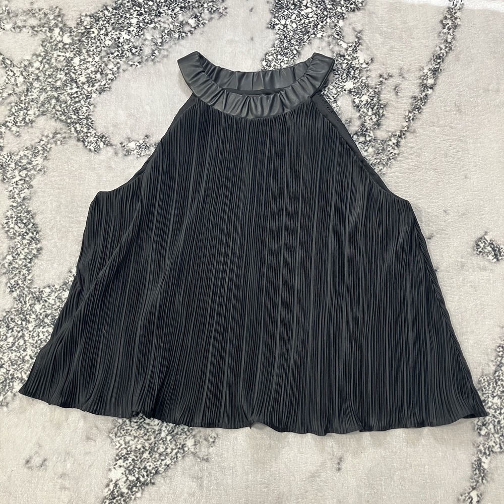 DKNY Black Pleated Halterβ Top Faux Leather Trim Sleeveless Flowy Womens Size L
